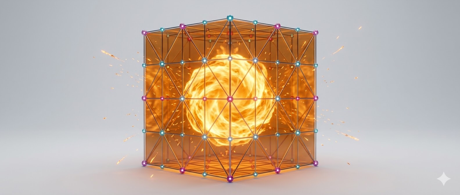 A ball of fire inside a wireframe cube, sparks escaping through every face