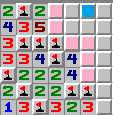 Minesweeper board with multiple 50:50 guesses. The blue square is 20:80, does not touch a 50:50, and is on an edge — it might be an opening.