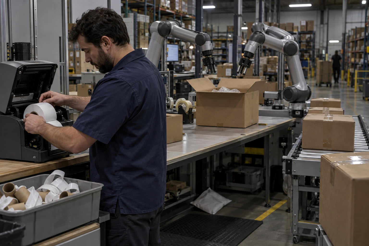 Warehouse scene of a technician replacing a label roll while robotic packing arms wait beside an open box.