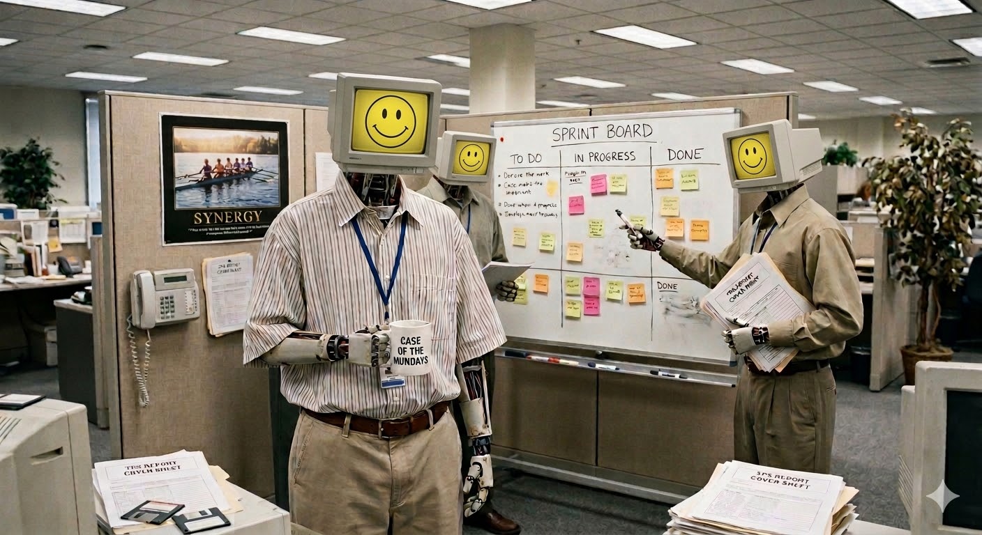 Robots in business casual having a standup meeting in a beige cubicle farm
