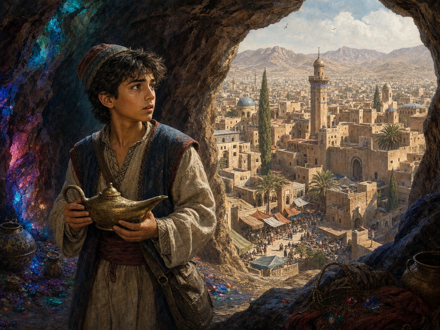 Aladdin raises the old lamp as a luminous genie appears in a richly patterned chamber.