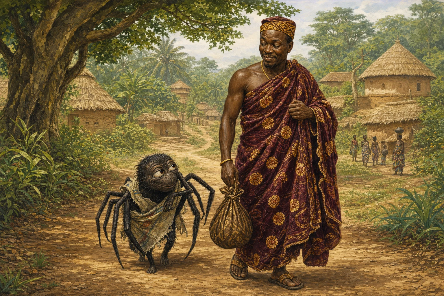 Anansi and the richly dressed Nothing walk together toward a neighboring town.