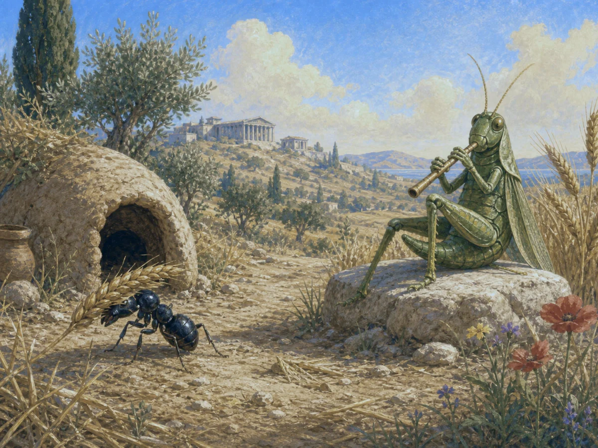 An ant carries grain while a grasshopper plays in a summer field.