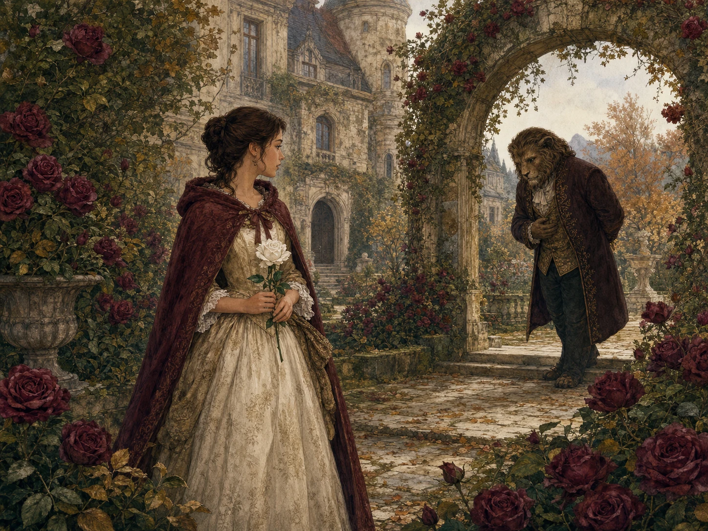 Beauty and the Beast read together in the warm library of an enchanted palace.