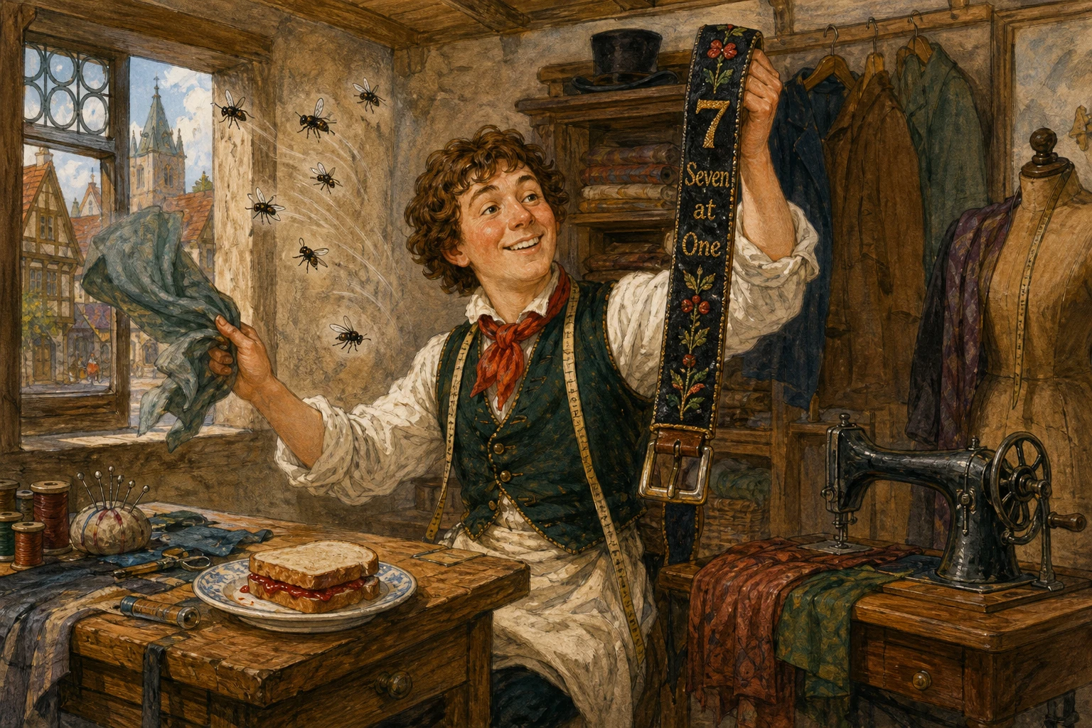 A little tailor wears his bold belt and sets out into the wide world.