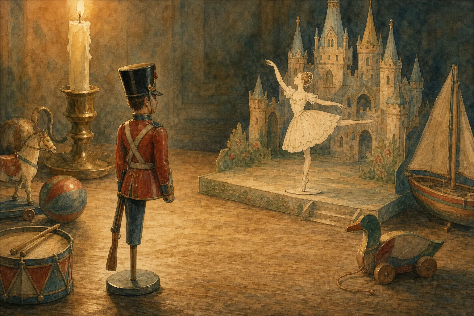 A one-legged tin soldier gazes toward a paper dancer in a toy castle.