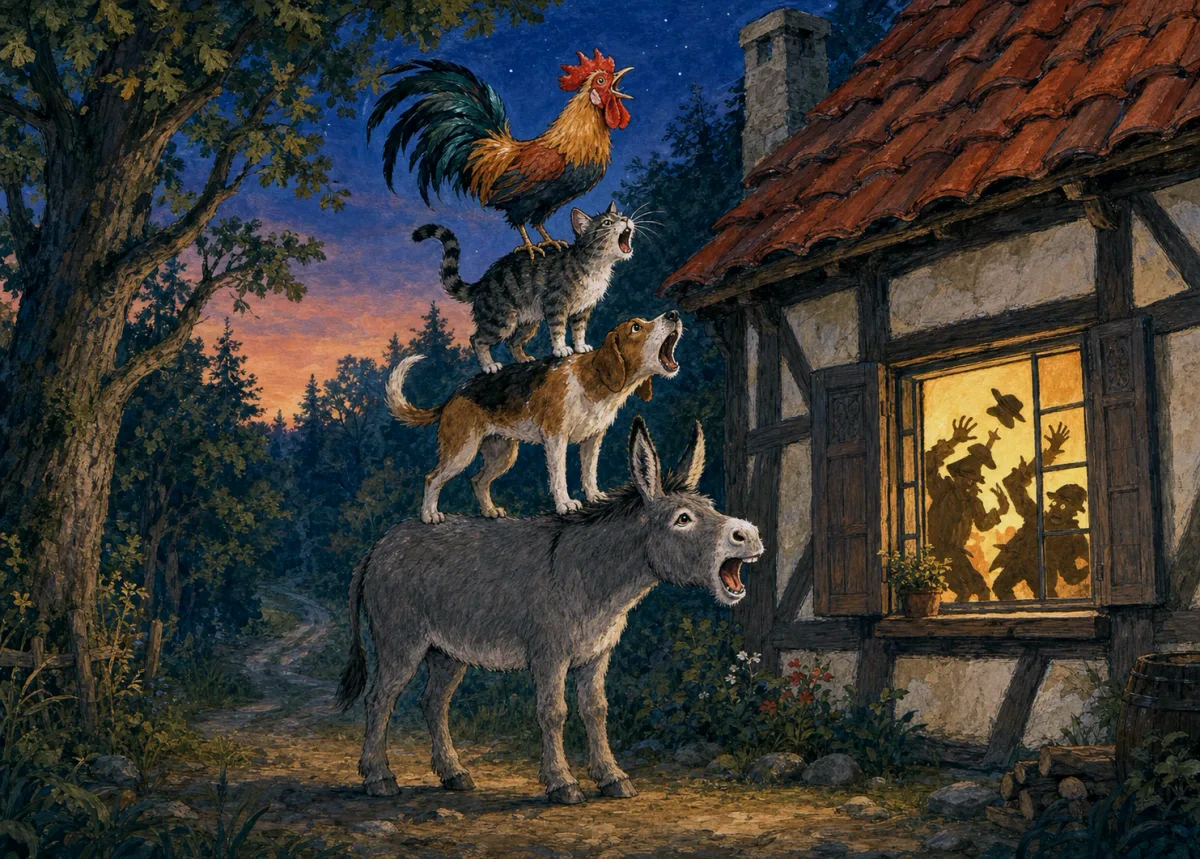 A donkey, dog, cat, and rooster make music beneath a cottage window.