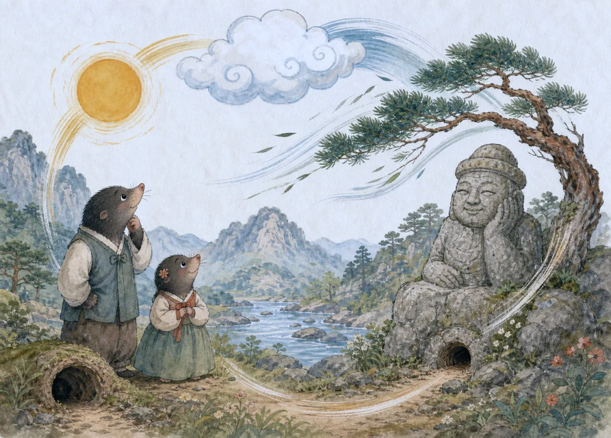 A small mole looks up at the sun, cloud, wind, and a great stone figure.