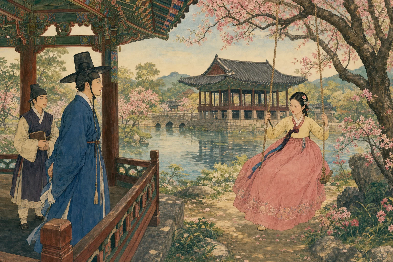 Chunhyang and Mongryong meet beside the flowering pavilion at Gwanghallu in Namwon.