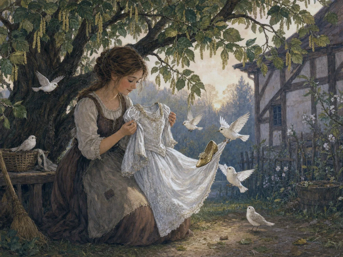 Cinderella stands beneath a hazel tree as white birds bring a silver dress and golden slipper.