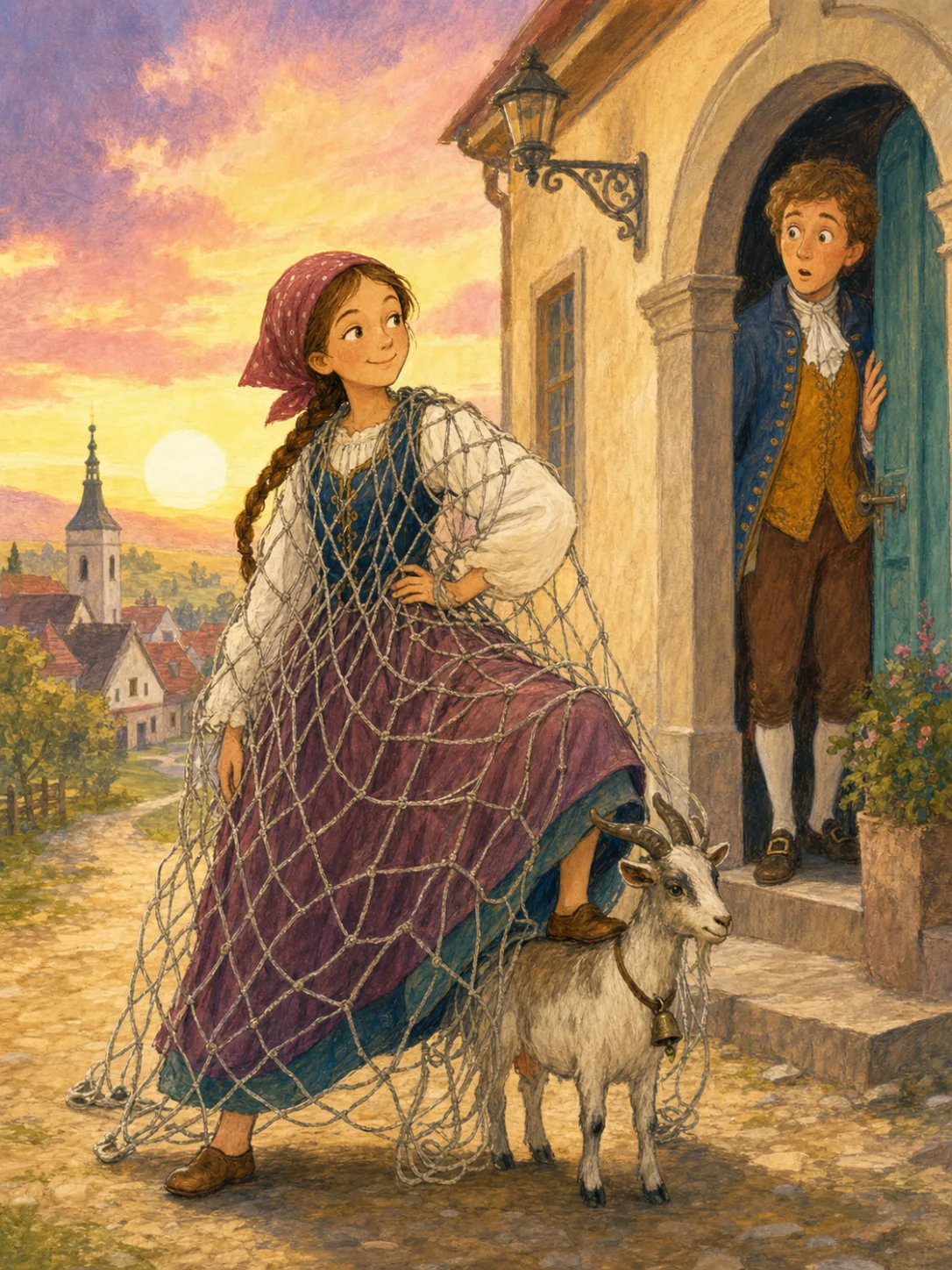 Manka arrives neither riding nor walking, wrapped in a fishing net beside a small goat.