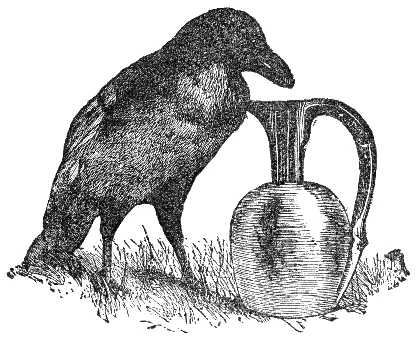 A thirsty crow drops small pebbles into a clay pitcher.