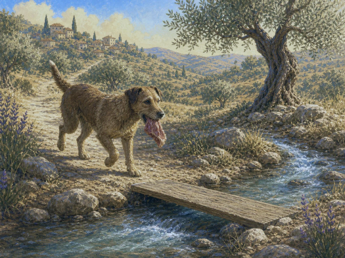A dog carrying meat crosses a plank above his reflection.