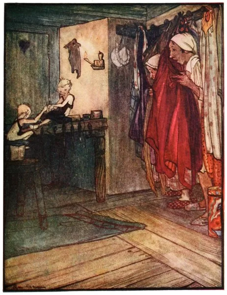 Two tiny helpers stitch shoes by candlelight while the shoemaker and his wife watch.