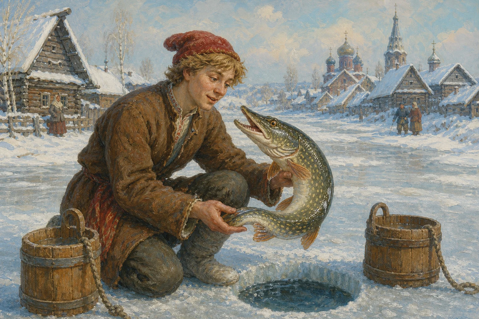 Beside a hole in the frozen river, Emelya listens as the pike offers him a marvelous bargain.