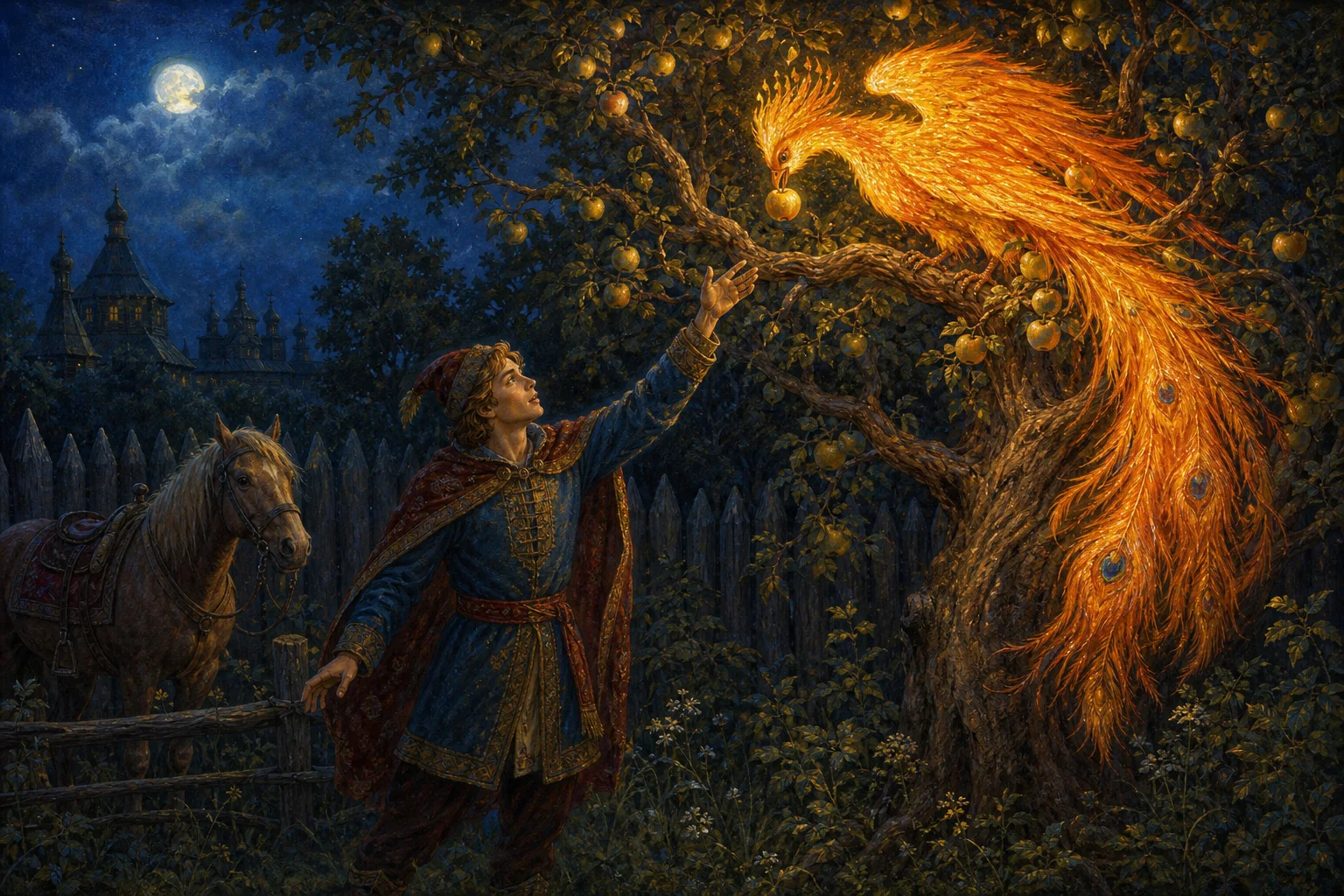 A young archer beholds the radiant Firebird in a moonlit orchard.