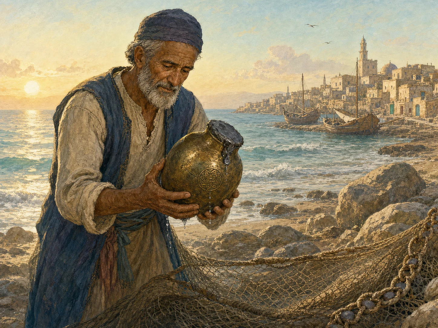 A poor fisherman faces a towering genie rising from a brass jar on the shore.