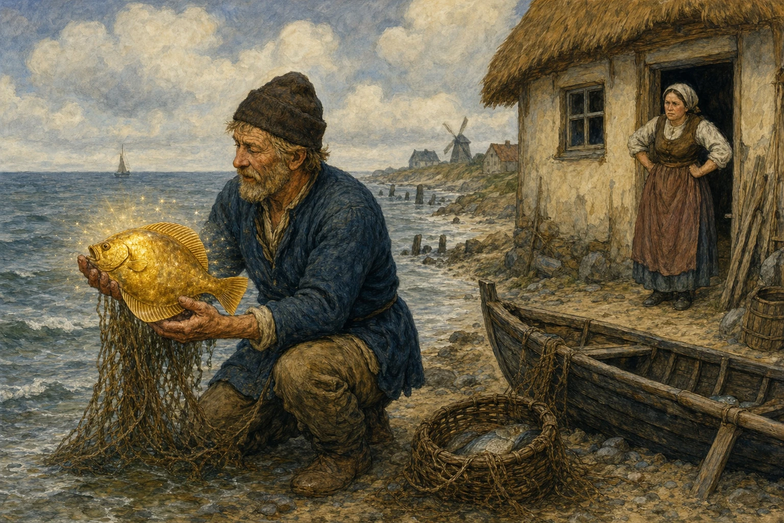 A fisherman releases an enchanted flounder into the shining sea.