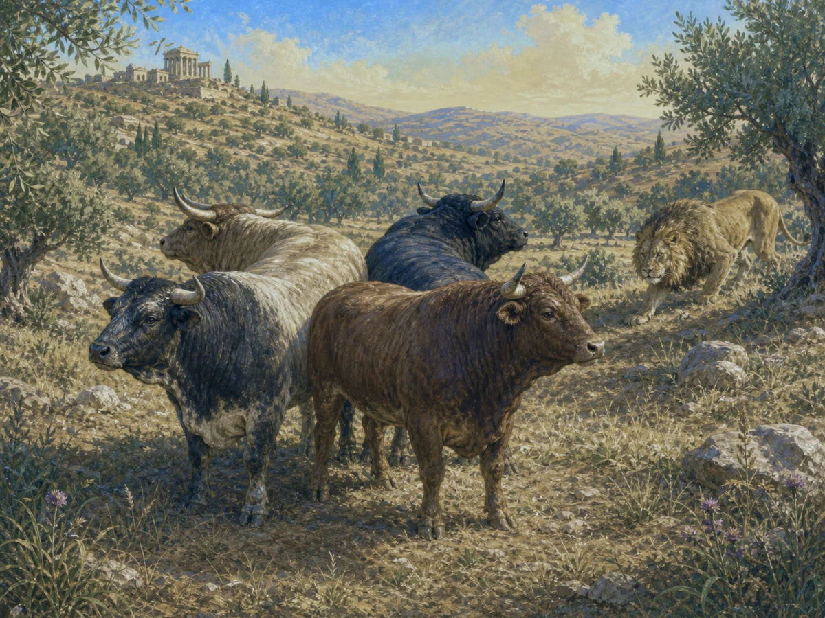 Four oxen stand tail to tail with their horns facing a prowling lion.