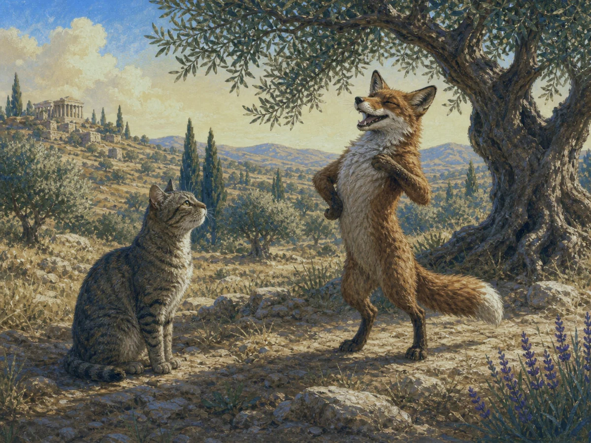 A fox boasts to a cat beneath a woodland tree.