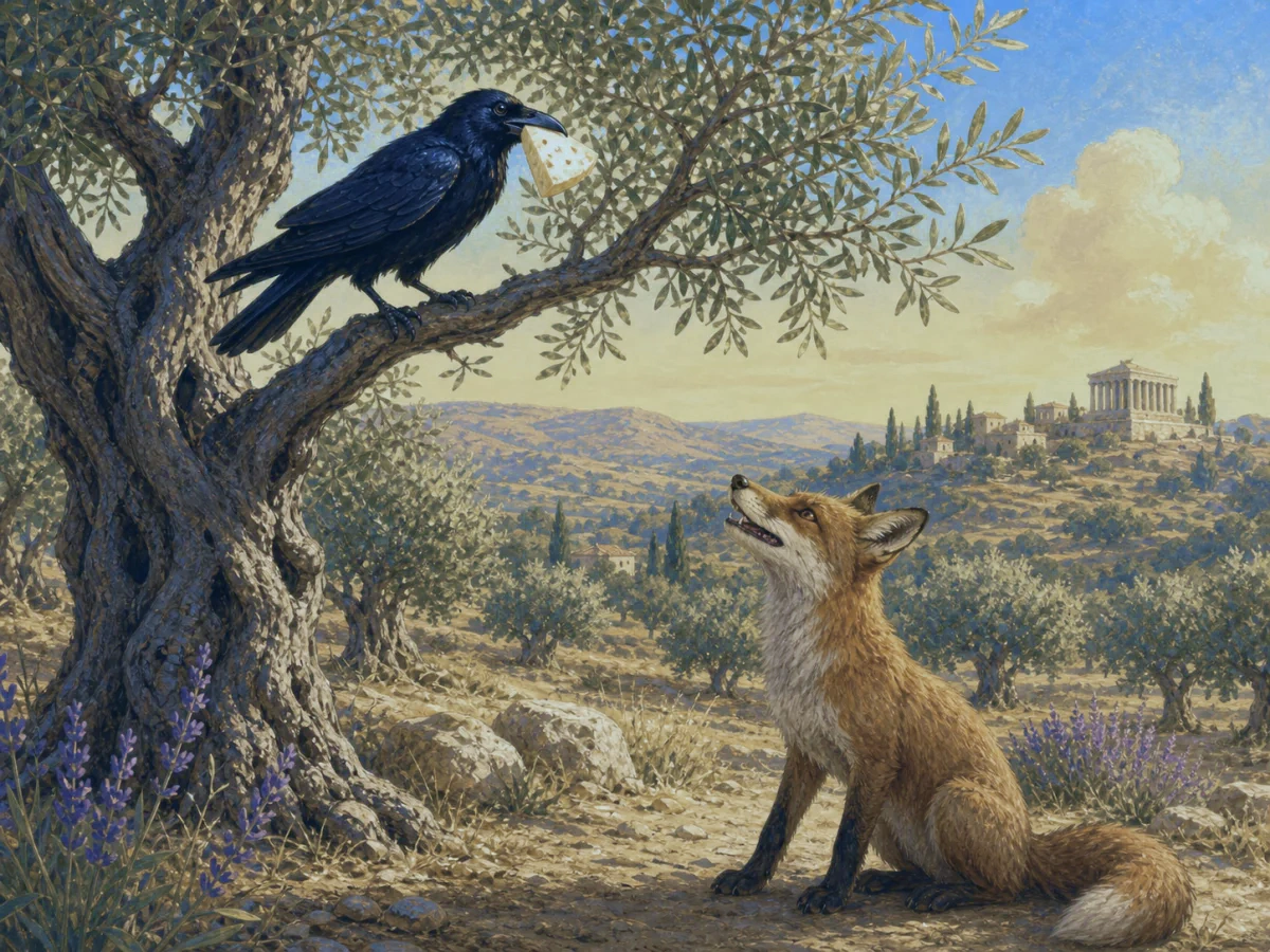 A fox flatters a crow holding cheese in an olive tree.