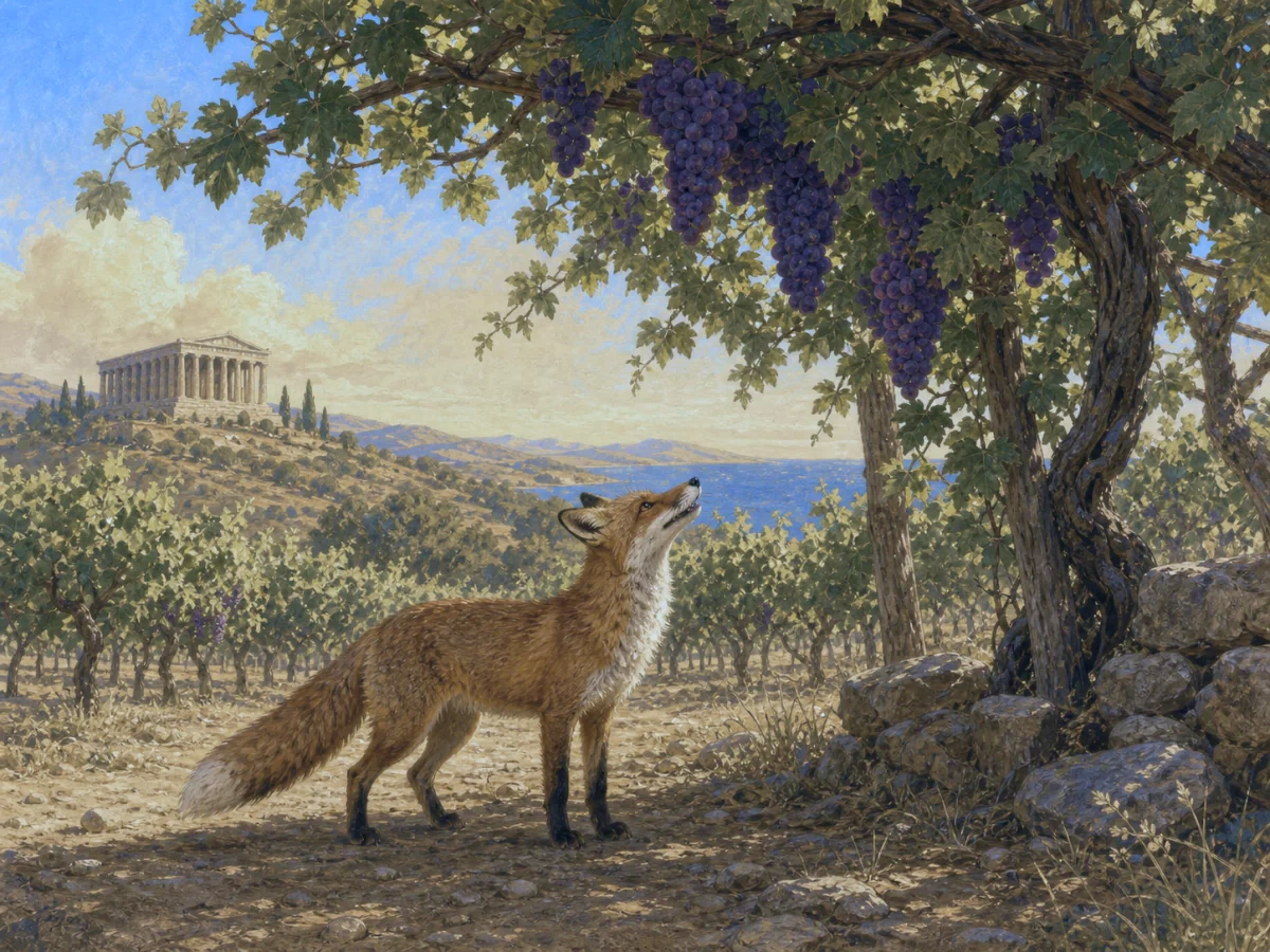 A fox looks up at ripe grapes hanging high in a vineyard.