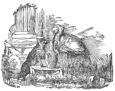 A fox and stork sit at a table with a shallow dish and narrow jar.
