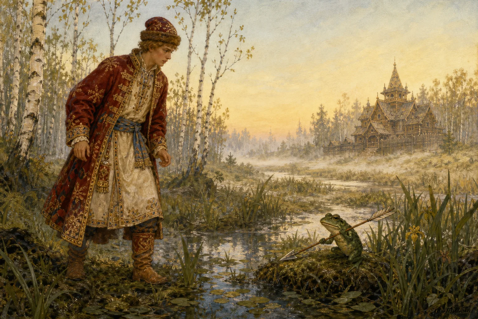 Ivan finds his arrow in a marsh, held by the frog he must marry.