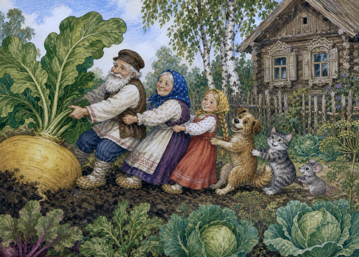 A family and their animals pull together on the leaves of an enormous turnip.