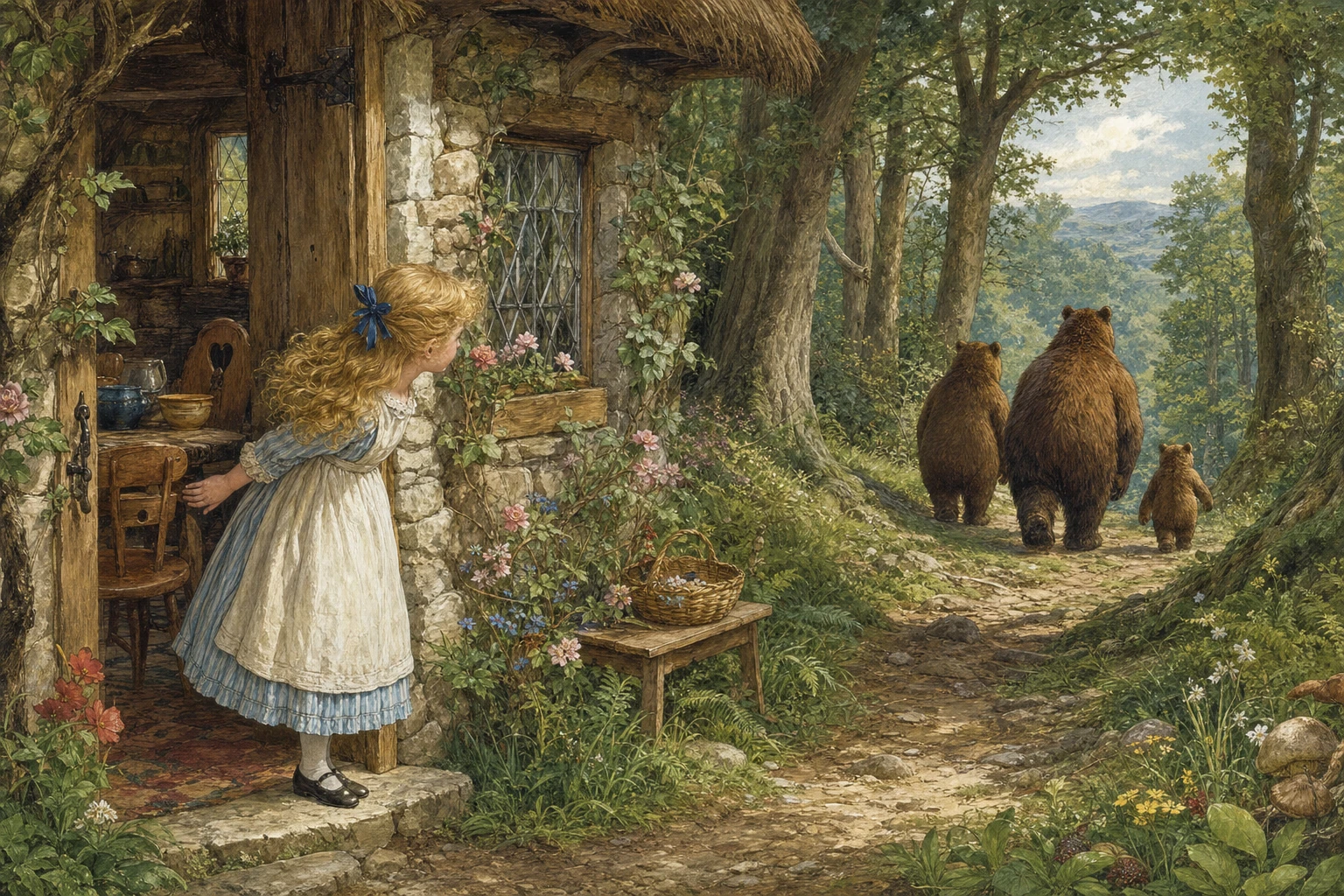 Goldilocks peers into the woodland cottage belonging to three bears.