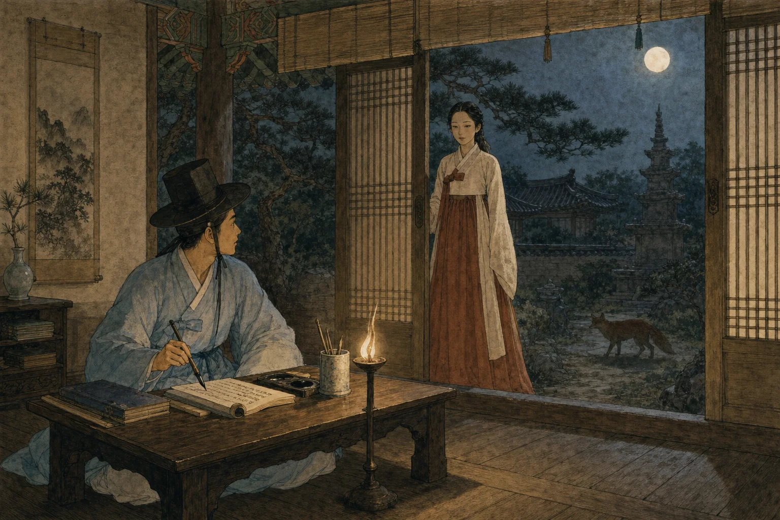 A mysterious fox-woman appears at midnight in a scholar’s garden pavilion.