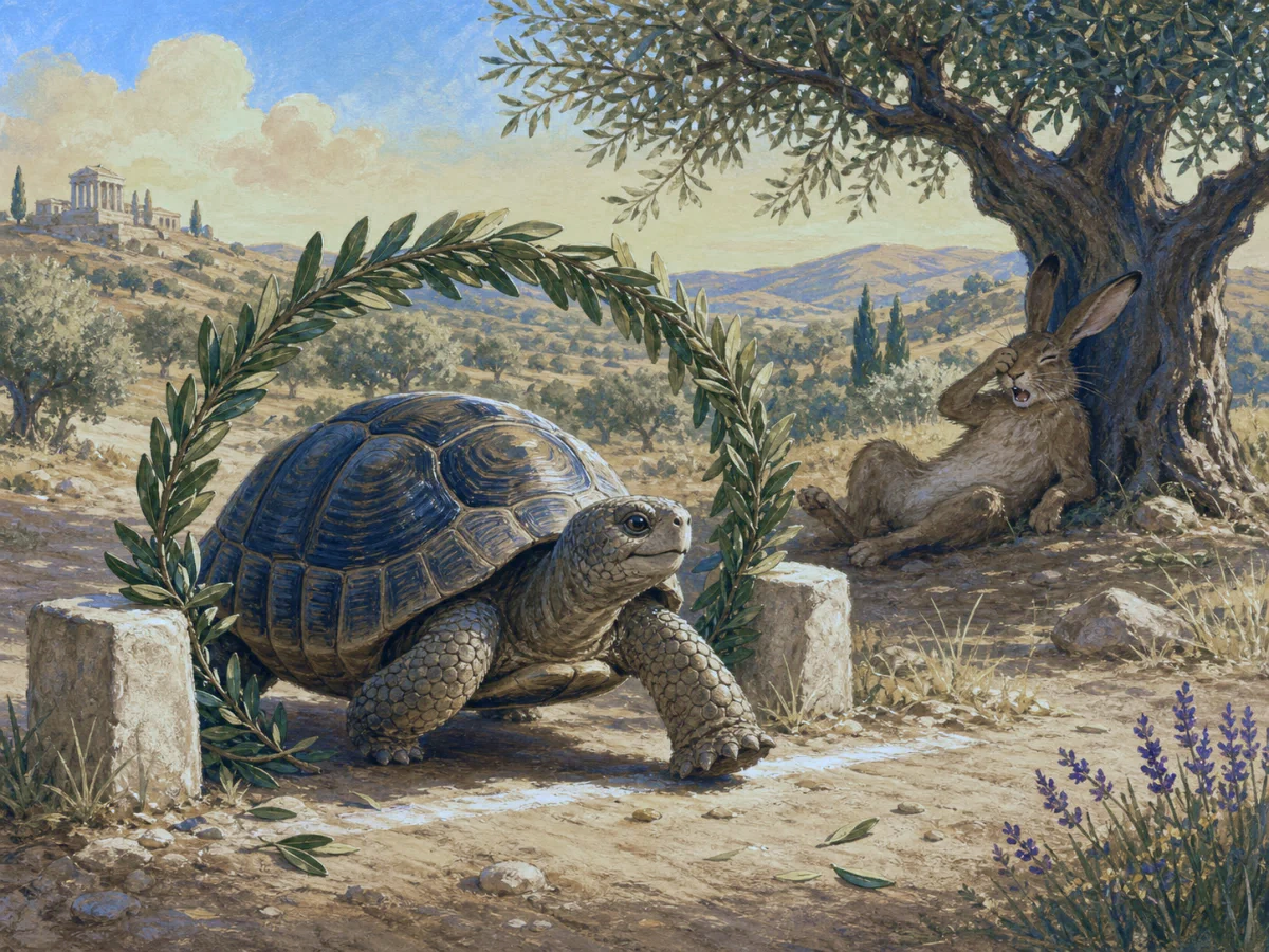 A tortoise approaches an olive-wreathed finish while a hare wakes beneath a tree.