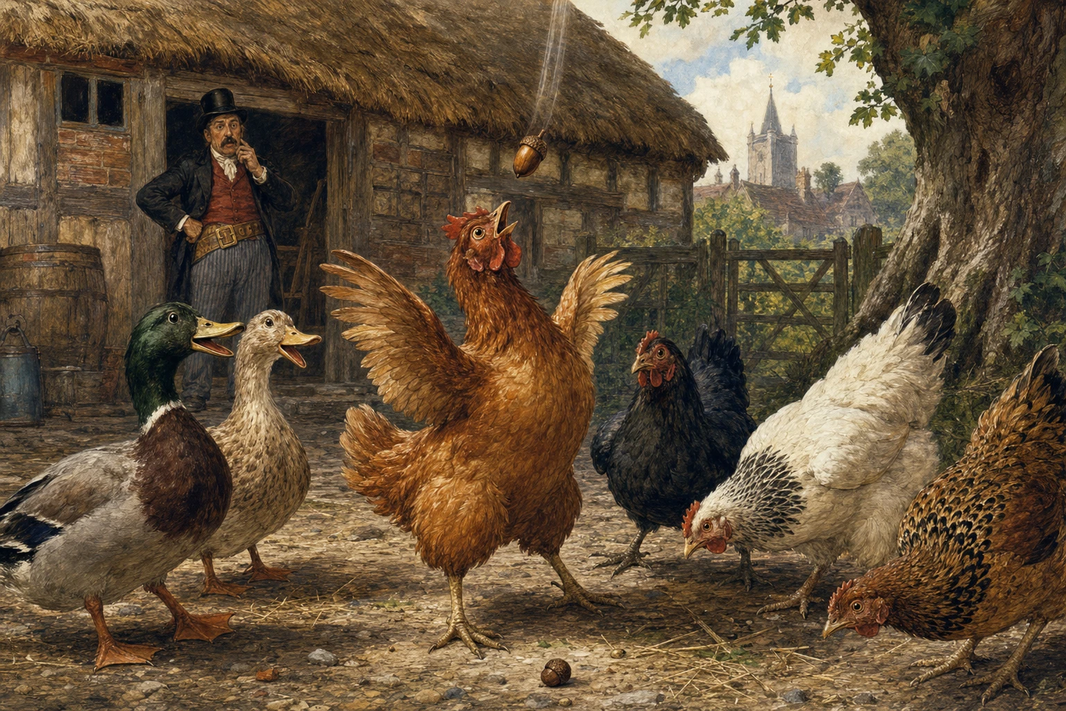 Henny-Penny hurries from the farmyard beneath a wide and harmless sky.