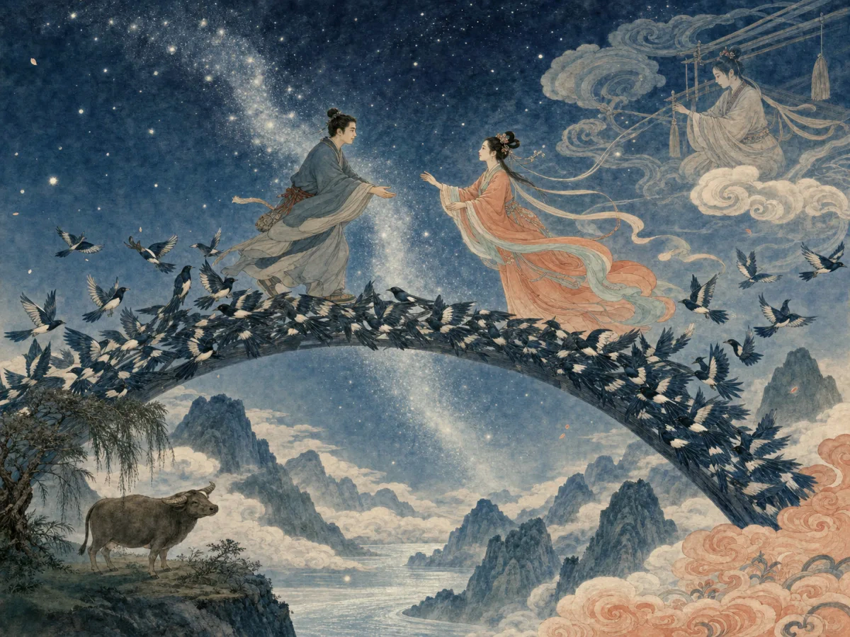 A cowherd and celestial weaver meet on a bridge of magpies across the starry Milky Way.