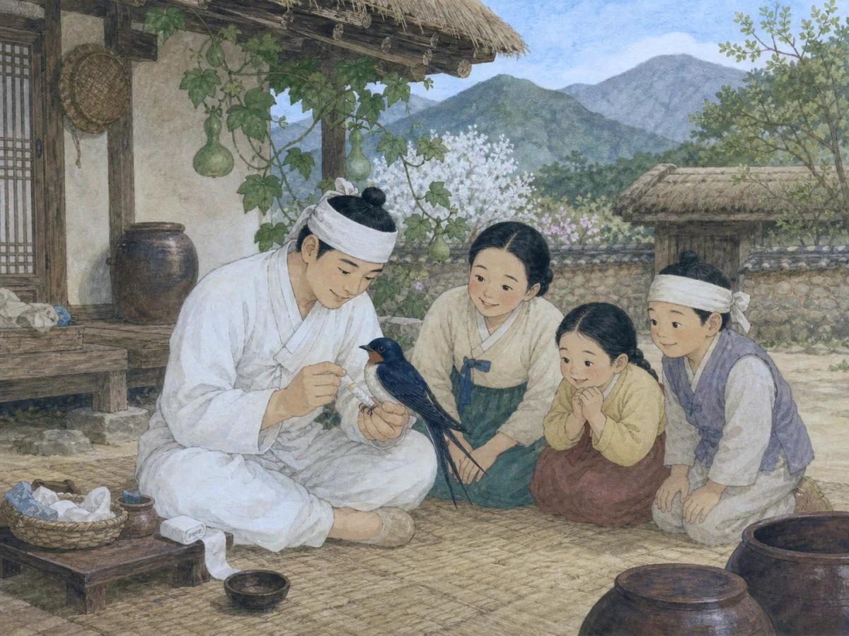 Heungbu tends a swallow beneath the curved tiled eaves of a Korean house as gourds grow nearby.