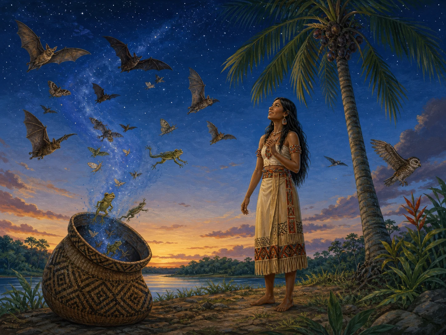 Night birds and stars pour from a great opened bag beneath a royal palm.