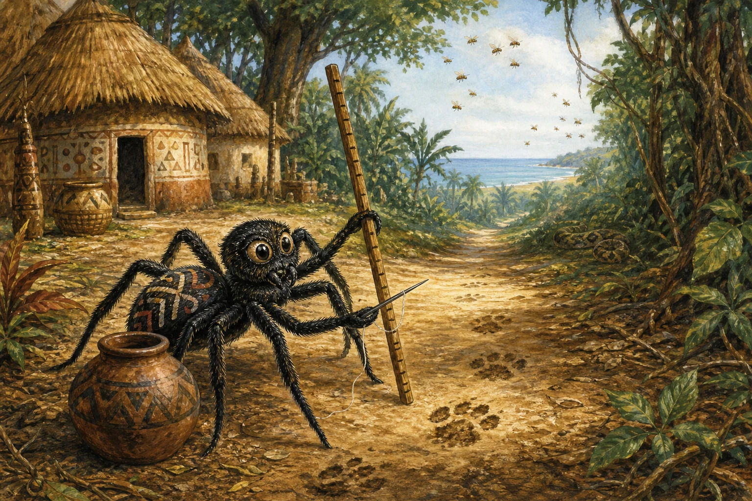 Anansi sets out with an earthen jar, a measuring stick, and a needle to win the old tales.