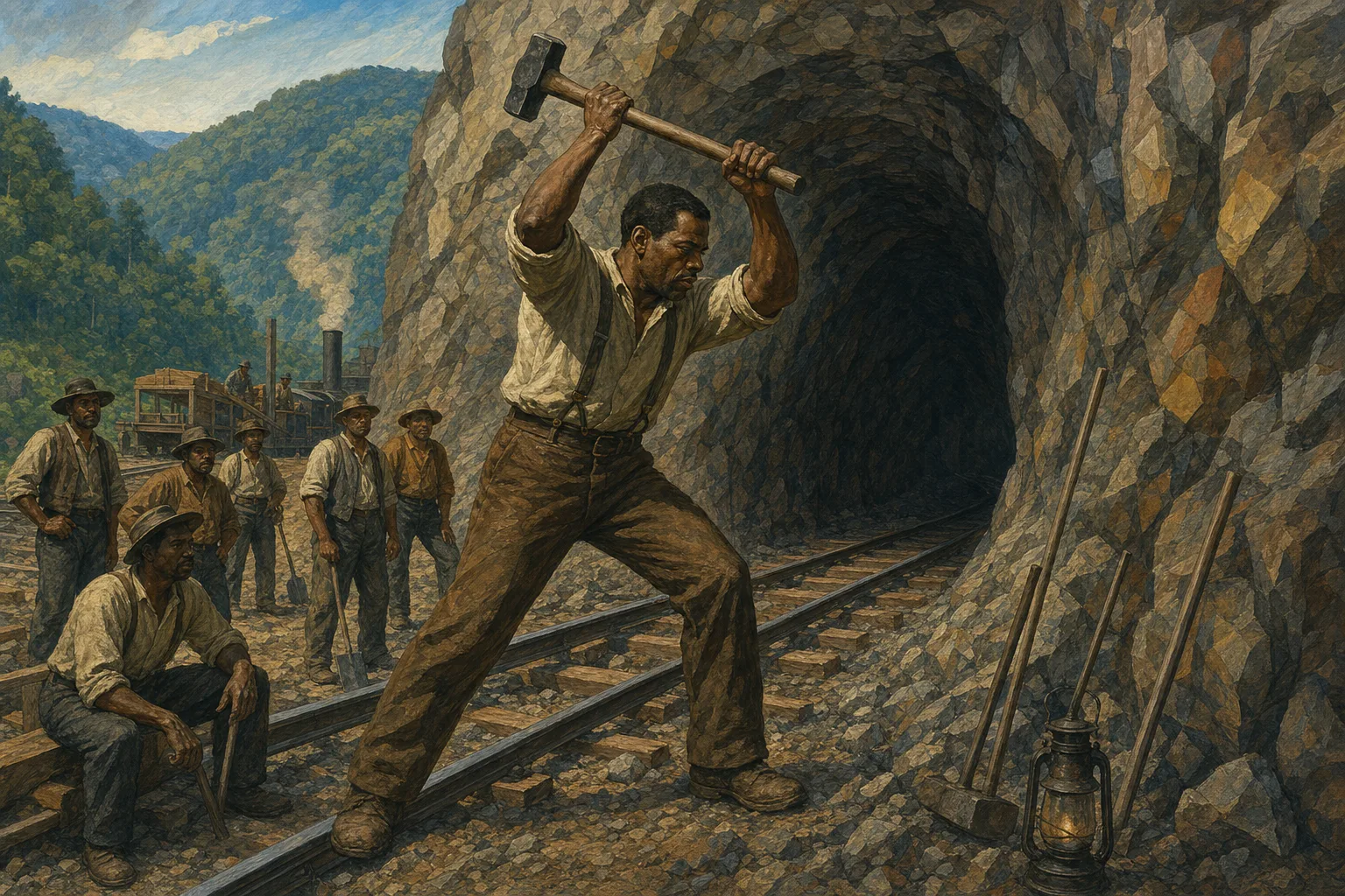 John Henry stands with hammer raised at a railroad tunnel face.