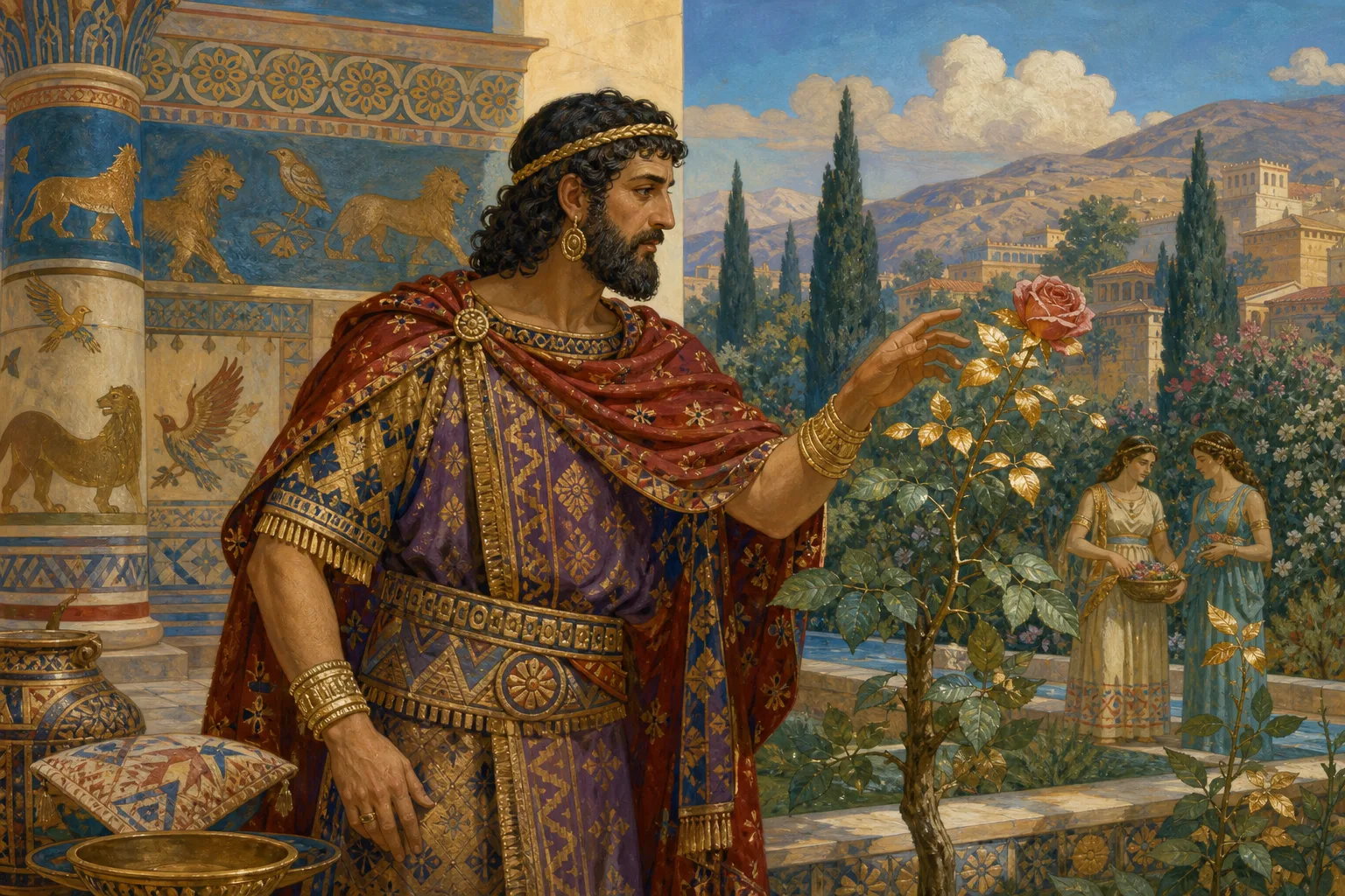 Midas reaches toward a rose as gold spreads beneath his fingers.