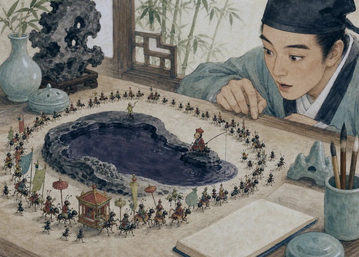 Tiny riders and banners parade around an ink saucer on a scholar’s desk.
