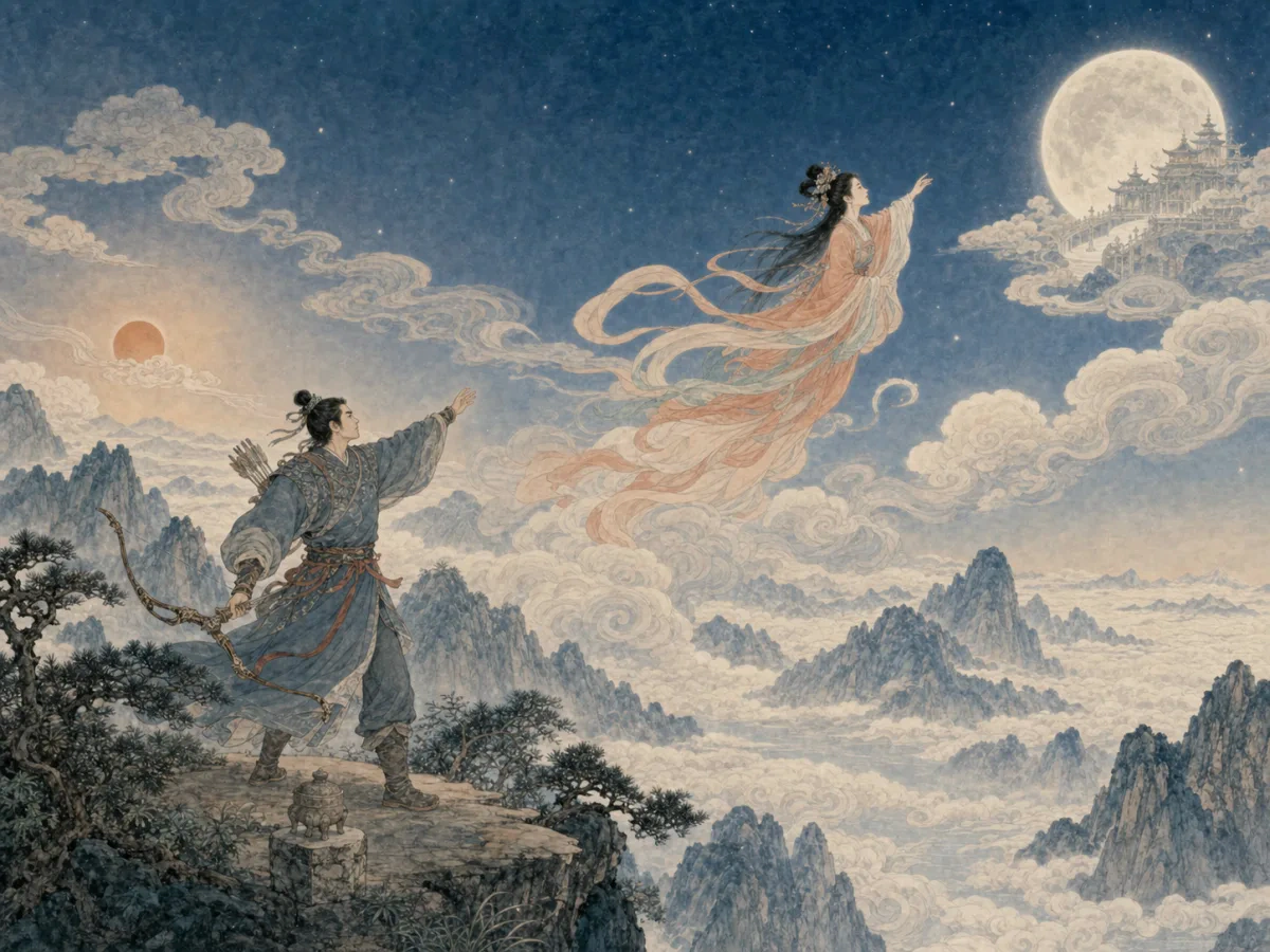 Chang’e rises toward a crystal moon palace while Hou I watches from earth.
