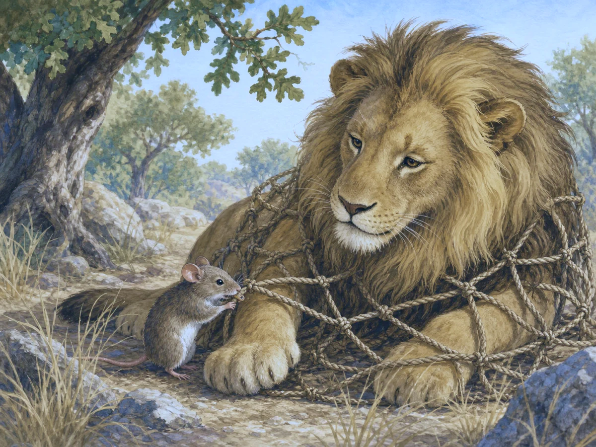 A small mouse gnaws through a rope net around a golden lion.