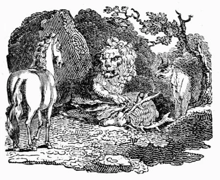 A lion stands over four shares of a stag before his uneasy hunting partners.