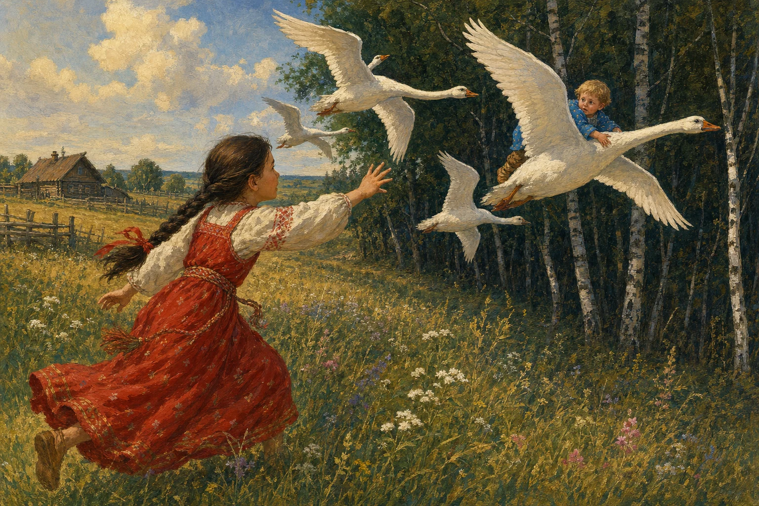 A village girl races after the white swan-geese carrying her little brother toward the dark forest.