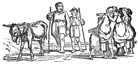 A man and boy travel with their donkey toward a market town.