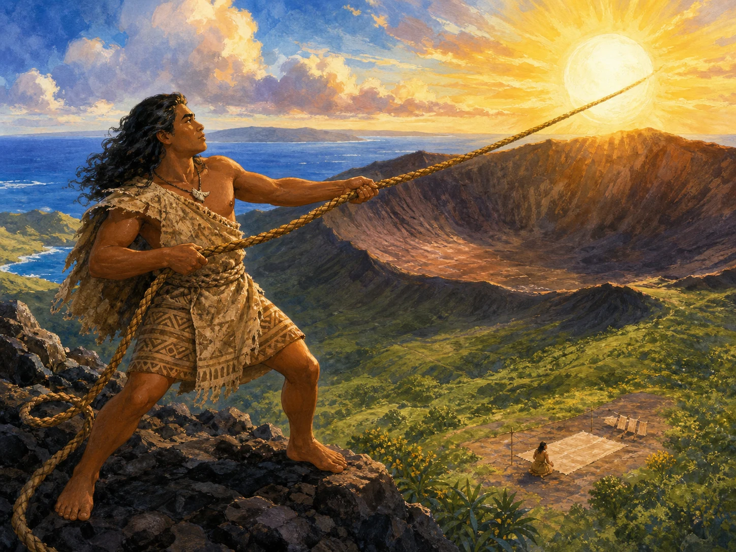 Māui casts a strong coconut-fibre rope toward the rising sun on Haleakalā.