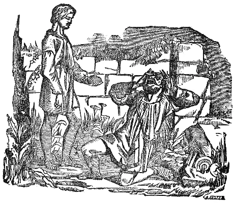 A miser kneels beside buried gold at the foot of a garden tree.