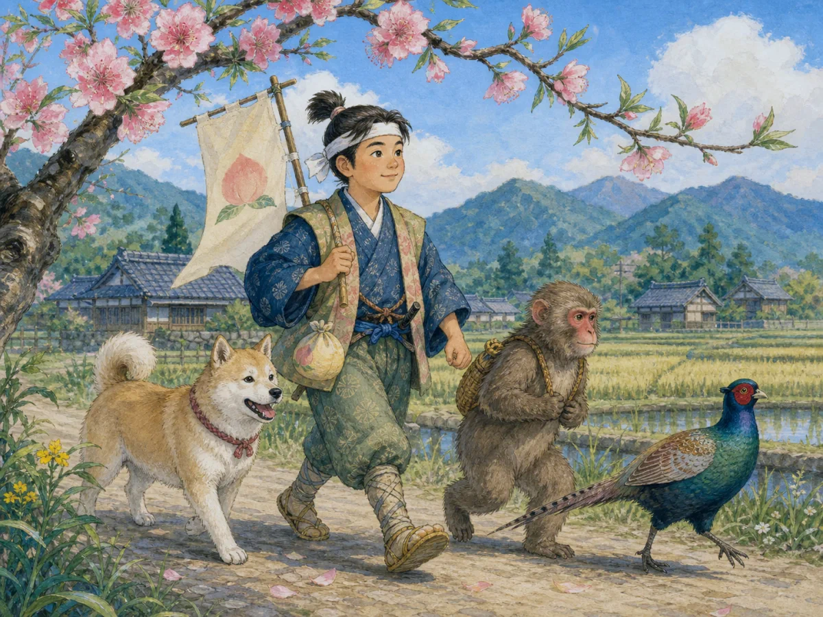 Momotarō carries a banner beside a dog, monkey, and pheasant under a peach tree.
