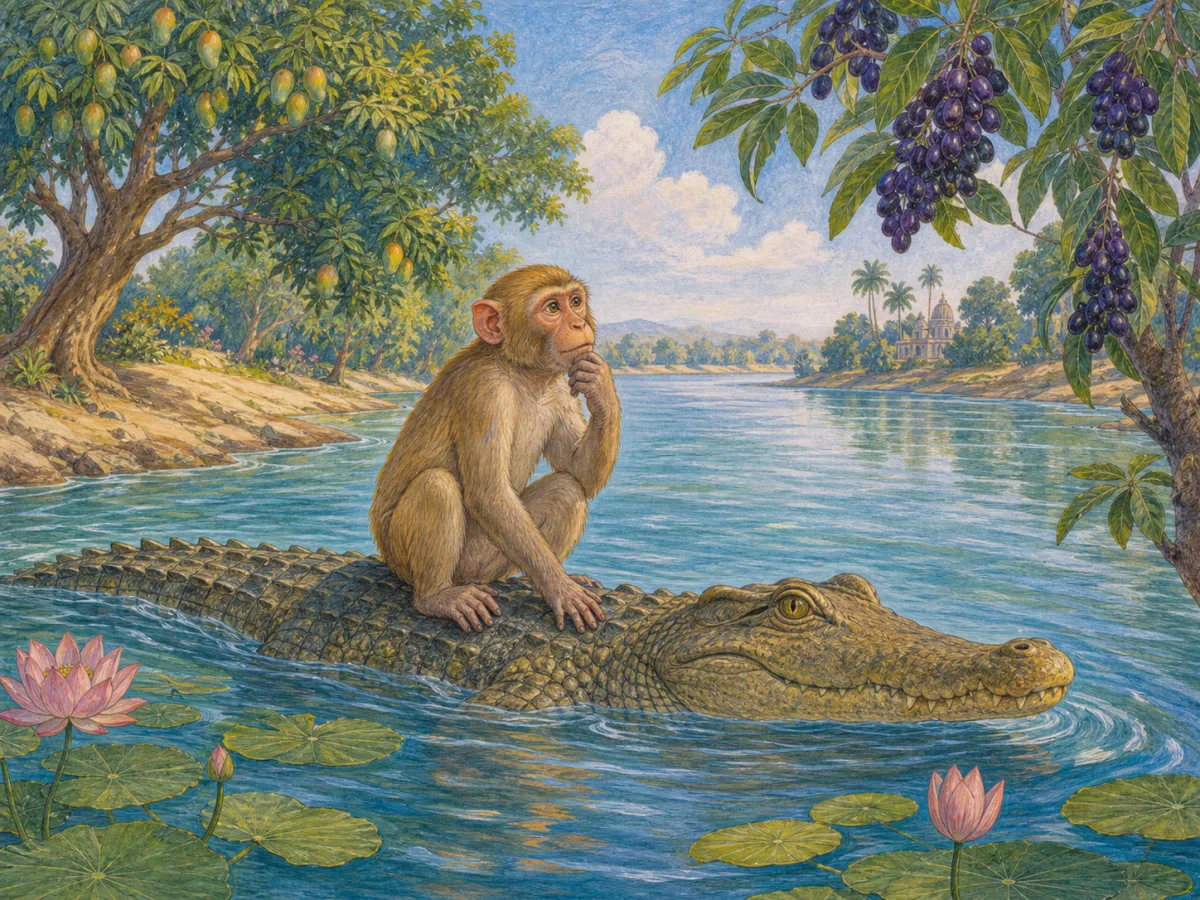 A monkey rides a crocodile across a broad river toward a fruit-covered island.