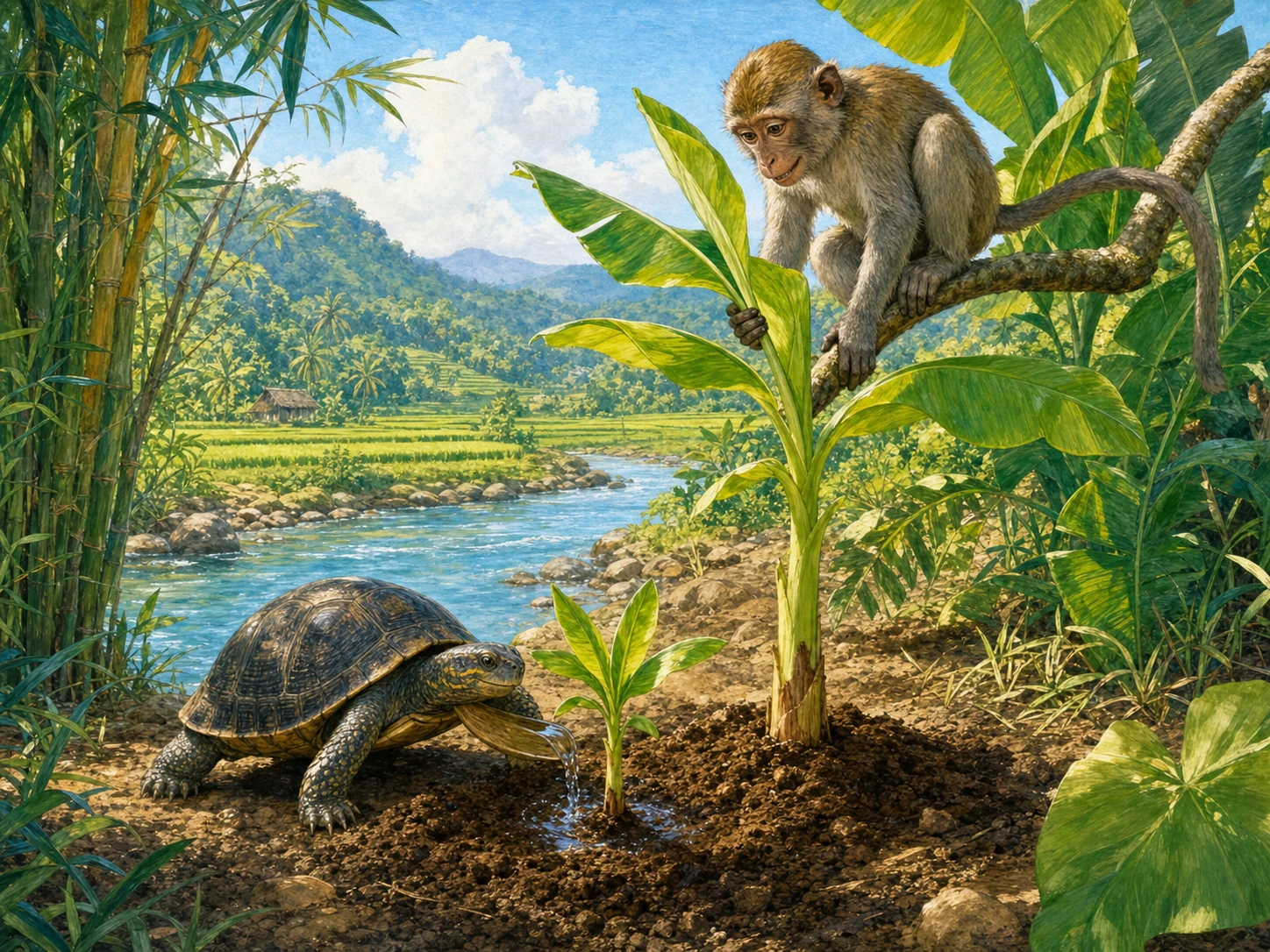 Turtle tends a thriving banana plant while Monkey watches from a branch.